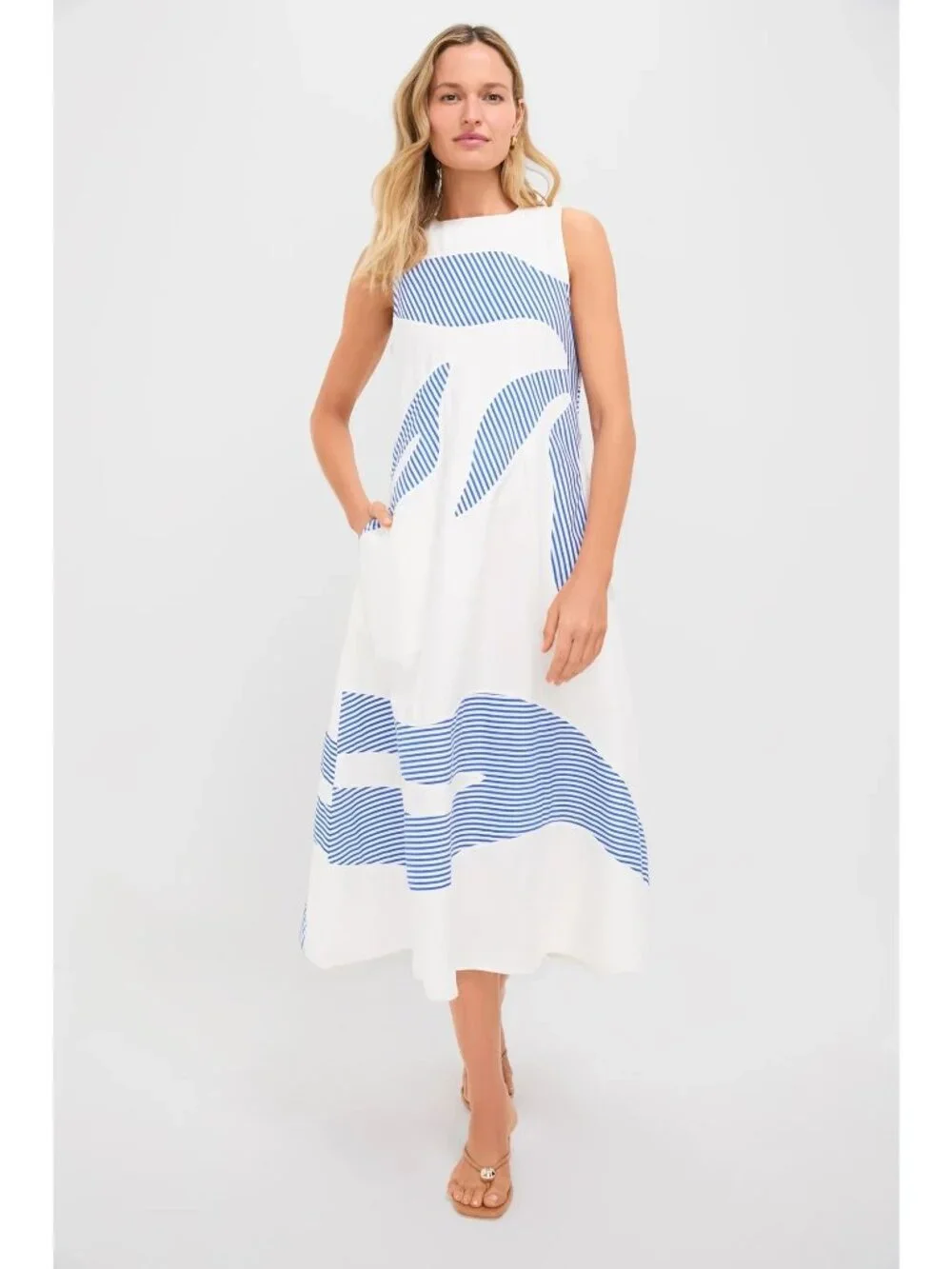 LOVE BIRDS Striped Plantscape Dress Ivory Linear Cobalt Blue Size Large NWT - Picture 1 of 9